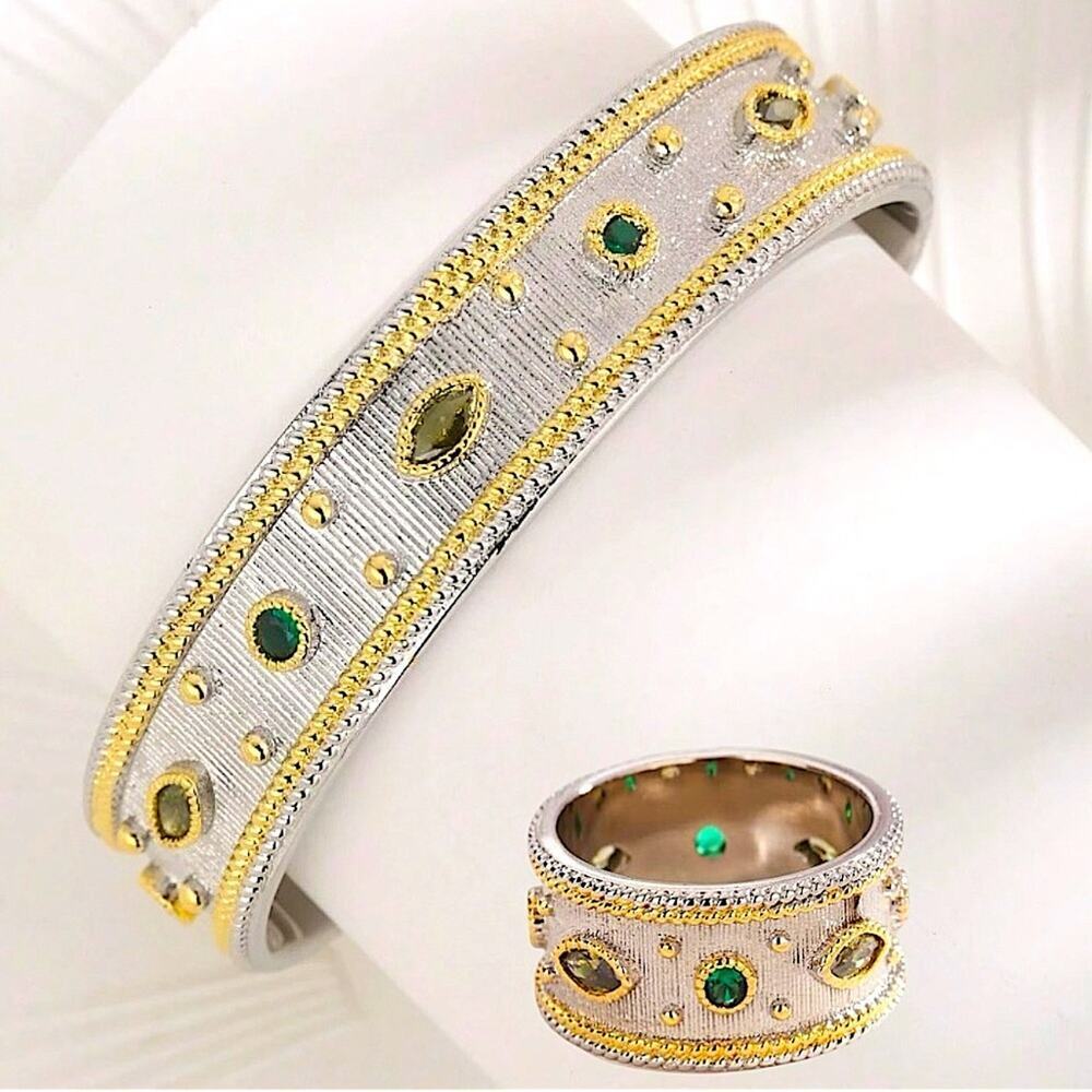 Silver Gold Peridot & Emerald Stone Bangle Bracelet Matching Ring Set